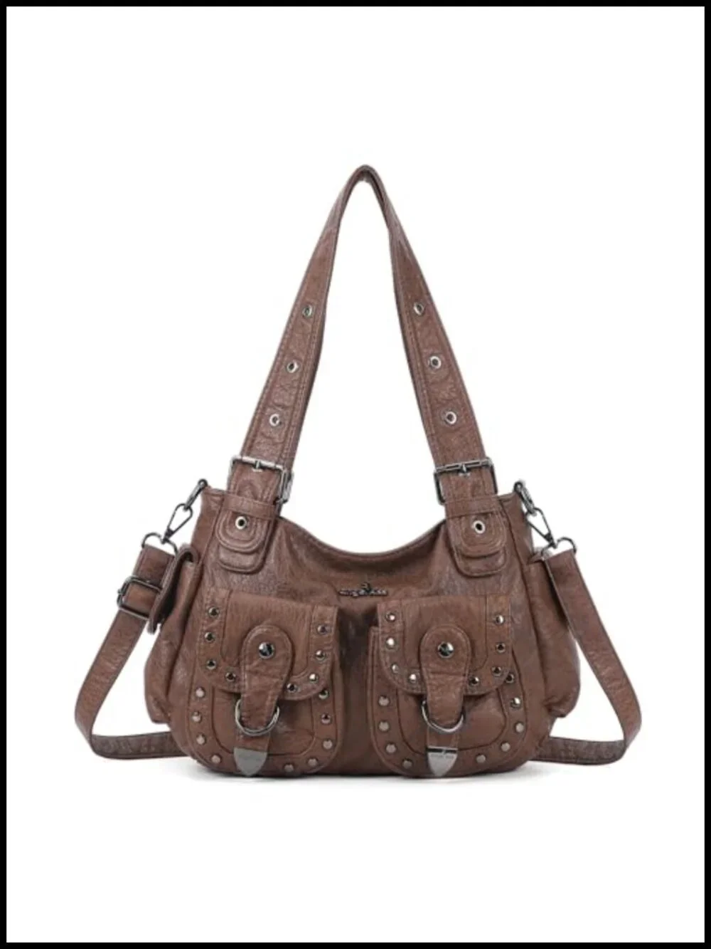 Vegan Leather Hobo Bag Multi Pocket Studded Y2K Shoulder Tote Handbag
